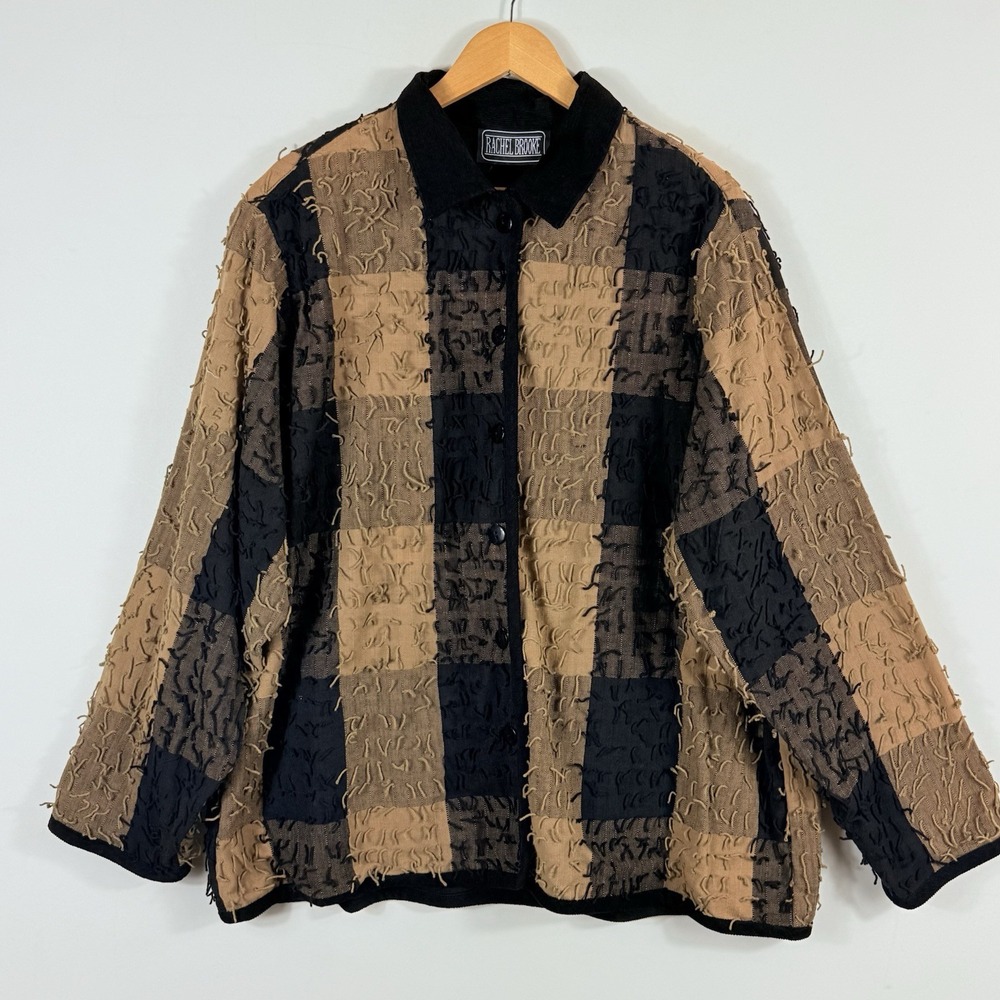 Rachel Brooke Women's 1X Jacket Brown Black‎ Plaid Fringe Earthy Natural Boho
